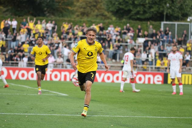 August 7, 2026, xsefx, Soccer, Borussia Dortmund II U23 vs. 1. FC Köln II U21, Regionalliga West, Rote Erde Stadium, Matchday 2, 2026–2027 Season. Celebrations after the 1–0 goal scored by Tim Degener. BVB II 07. DFB regulations prohibit any use of photographs as image sequences and or quasi-video. North Rhine-Westphalia, Germany