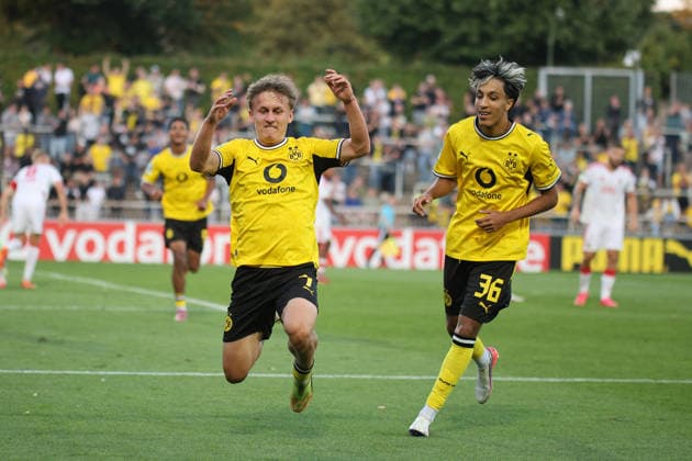 August 7, 2026, xsefx, Soccer, Borussia Dortmund II U23 vs. 1. FC Köln II U21, Regionalliga West, Rote Erde Stadium, Matchday 2, 2026–2027 Season. Celebrations after the 1–0 goal scored by Tim Degener. BVB II 07. DFB regulations prohibit any use of photographs as image sequences and or quasi-video. North Rhine-Westphalia, Germany