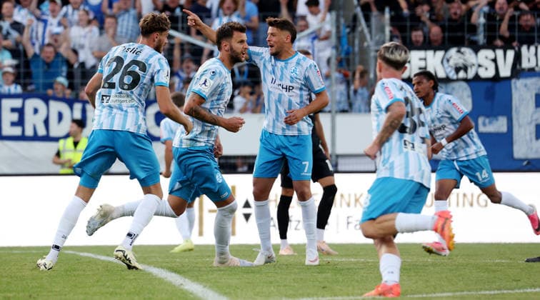 August 7, 2026, Germany, Stuttgart-Degerloch, Soccer: Stuttgarter Kickers vs. SSV Ulm; Dejan Bozic of the Kickers (2nd from left) celebrates his goal to tie the game at 1–1