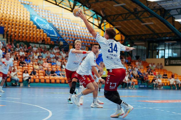 Friendly Match: Dessau Roßlauer HV 06 vs. PGE Wybrzeze Gdansk. Marcin Peplinski (PGE Wybrzeze Gdansk, 34) intercepts the ball on August 7, 2026, at the Anhalt Arena, Dessau-Roßlau, Saxony-Anhalt; Dessau-Roßlau, Anhalt Arena, Saxony-Anhalt, Germany