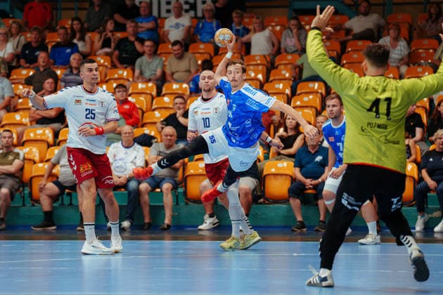Friendly Match: Dessau Roßlauer HV 06 vs. PGE Wybrzeze Gdansk, Mihkel Löpp, Dessau Roßlauer HV 06, 55 on a jump shot on August 7, 2026, at the Anhalt Arena, Dessau-Roßlau, Saxony-Anhalt, Dessau-Roßlau, Anhalt Arena, Saxony-Anhalt, Germany