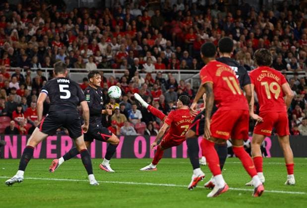Will Lankshear of Middlesbrough scores the opening goal 1-0 Middlesbrough v Wrexham, EFL Carabao Cup, First Round, Football, Riverside Stadium, Middlesbrough, UK - 07 Aug 2026Middlesbrough Riverside Stadium United Kingdom EDITORIAL USE ONLY No use with unauthorised audio, video, data, fixture lists, club league logos or live services. Online in-match use limited to 120 images, no video emulation. No use in betting, games or single club league player publications. Copyright: xGreigxCowie Shutterstockx 17050843ad