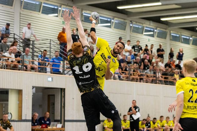Philipp AHOUANSOU, TVB Stuttgart, No. 05, scores a goal, play, shot on goal, GER, TVB Stuttgart vs. HC Elbflorenz 2006, handball, preseason, tournament, S Cup Altensteig, quarterfinals, 2026–2027 season, August 7, 2026, GER, TVB Stuttgart vs. HC Elbflorenz 2006, handball, preseason, tournament, S Cup Altensteig, quarterfinals, 2026–2027 season, August 7, 2026, Altensteig Copyright: xEibnerxPressefoto OliverxSchmidtx EP_OST
