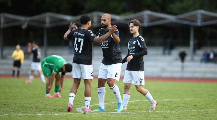 Soccer, 2026–2027 Season, Hamburg Lotto Cup, First Round: Hamm United FC vs. ETSV Hamburg. Gedion Owusu Wedemeyer, Aladji Mohamed Marienus Bailor Barrie, and Antonio Simonuvic (from left) celebrate after Aladji Mohamed Marienus Bailor Barrie scored the 1–0 goal for Hamm against Hamburg.