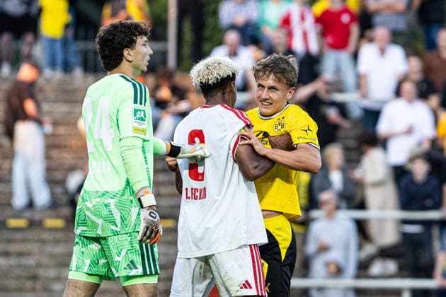 Regionalliga West: Borussia Dortmund II 1, FC Köln II 0, August 7, 2026; Lionel Voufack, FC Köln U23, 3, Tim Degener, Borussia Dortmund U23, 7 in the match: Regionalliga West, Borussia Dortmund II vs. 1. FC Köln II, Rote Erde, Dortmund, August 7, 2026. DFB regulations prohibit any use of photographs as image sequences and or quasi-video. Copyright: xBEAUTIFULxSPORTS Buriakovx