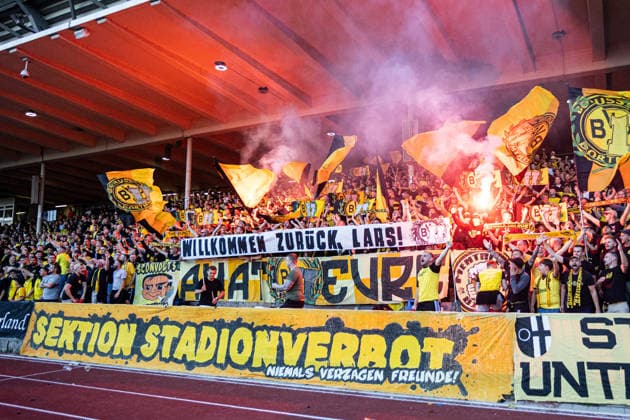 Regionalliga West: Borussia Dortmund II 1, FC Köln II 0, August 7, 2026. Borussia Dortmund U23 fans holding a banner with pyrotechnics and the words Welcome back on it, Lars Regional League West: Borussia Dortmund II 1 FC Cologne II, Rote Erde, Dortmund, August 7, 2026. DFB regulations prohibit any use of photographs as image sequences and or quasi-video Copyright: xBEAUTIFULxSPORTS Buriakovx