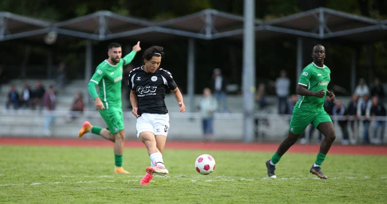 Soccer, 2026–2027 Season, Hamburg Lotto Cup, First Round: Hamm United FC vs. ETSV Hamburg; Taiki Iimura (M) of ETSV scores to make it 2–0 for Hamm United FC against ETSV Hamburg