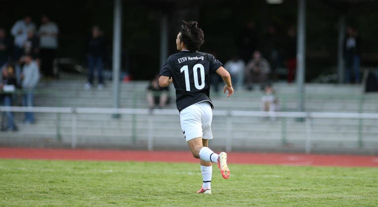 Soccer, 2026–2027 Season, Hamburg Lotto Cup, First Round: Hamm United FC vs. ETSV Hamburg; Taiki Iimura (M) of ETSV is celebrated by his teammates after scoring his goal to make it 2–0 for Hamm United FC against ETSV Hamburg