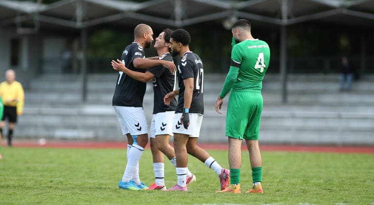 Soccer, 2026–2027 Season, Hamburg Lotto Cup, First Round: Hamm United FC vs. ETSV Hamburg. Jubilation at ETSV after Taiki Iimura’s goal (second from left), making the score 2–0 for Hamm against Hamburg.