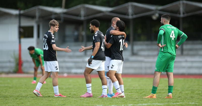 Soccer, 2026–2027 Season, Hamburg Lotto Cup, First Round: Hamm United FC vs. ETSV Hamburg. Jubilation at ETSV after Taiki Iimura’s goal (second from the right), making the score 2–0 for Hamm against Hamburg.