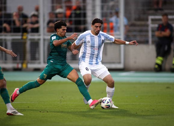 Soccer, Men s, Bavarian Regional League, 2026–2027 Season, TSV 1860 Munich vs. FC Augsburg II, Grünwalder Stadium: Cristian Leone of TSV 1860 Munich on the attack with the ball, tackling