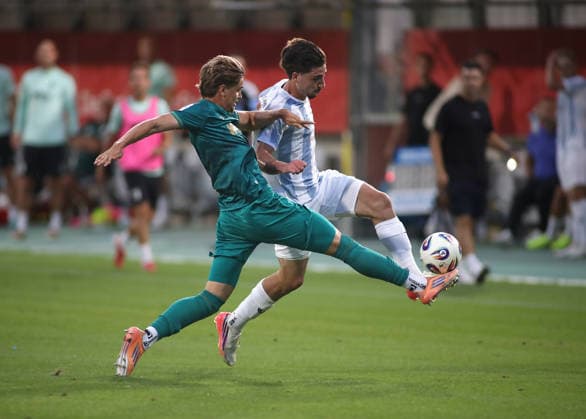 Soccer, Men s, Bavarian Regional League, 2026–2027 Season, TSV 1860 Munich vs. FC Augsburg II, Grünwalder Stadium: Niklas Hummel (FC Augsburg II, left) and Cristian Leone (TSV 1860 Munich, right) battle for the ball