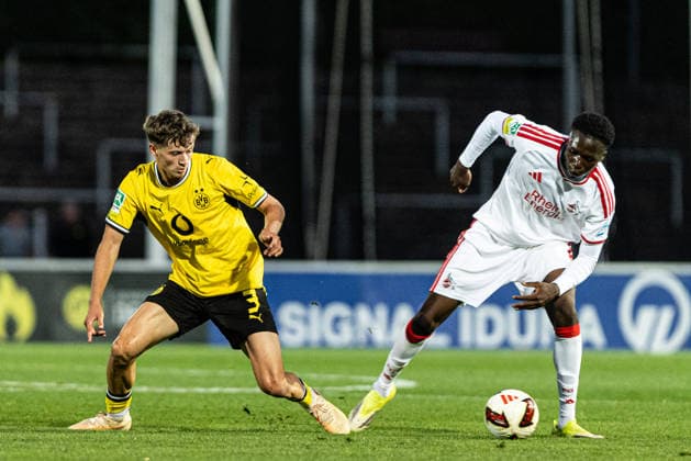 Regionalliga West: Borussia Dortmund II 1, FC Köln II 0, August 7, 2026; Finn Fuchs, Borussia Dortmund U23, 3, David Okpodu, 1. FC Köln U23, 20 Regionalliga West Borussia Dortmund II vs. 1. FC Köln II, Rote Erde, Dortmund, August 7, 2026 DFB regulations prohibit any use of photographs as image sequences and or quasi-video Copyright: xBEAUTIFULxSPORTS Buriakovx