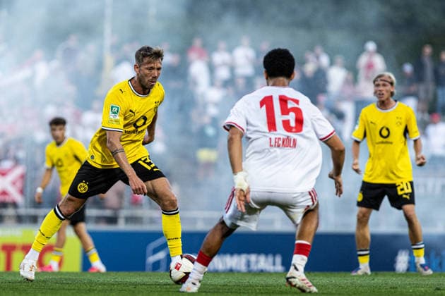 Regionalliga West: Borussia Dortmund II 1, 1. FC Köln II 0, August 7, 2026; Connor Krempicki, Borussia Dortmund U23, 13, Fayssal Harchaoui 1 FC Köln U23, 15 Regionalliga West Borussia Dortmund II vs. 1 FC Köln II, Rote Erde, Dortmund August 7, 2026 DFB regulations prohibit any use of photographs as image sequences and or quasi-video Copyright: xBEAUTIFULxSPORTS Buriakovx