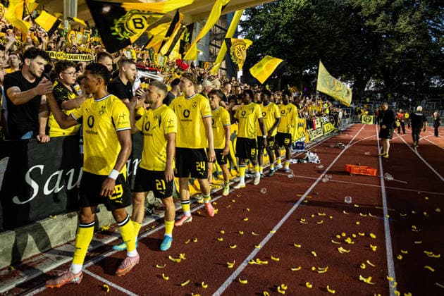 Regionalliga West: Borussia Dortmund II vs. 1. FC Köln II, August 7, 2026: The team thanks the fans after the Regionalliga West match between Borussia Dortmund II and FC Köln II at Rote Erde, Dortmund, on August 7, 2026. DFB regulations prohibit any use of photographs as image sequences and or quasi-video. Copyright: xBEAUTIFULxSPORTS Buriakovx