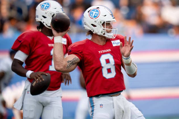 August 7, 2026, Nashville, Tennessee, USA: Tennessee Titans quarterback Will Levis (8) passes during the Blue & White Scrimmage at Nissan Stadium. Nashville USA - ZUMAh237 20260807_zsp_h237_016 Copyright: xCamdenxHallx