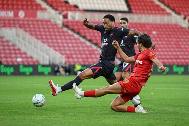 Middlesbrough v Wrexham - Carabao Cup First Round Leo Castledine of Middlesbrough slides in to cross the ball during the Carabao Cup 1st Round match between Middlesbrough and Wrexham at the Riverside Stadium in Middlesbrough, United Kingdom, on August 7, 2026. Middlesbrough North Yorkshire United Kingdom  Copyright: xMIxNewsx originalFilename:fletcher-middlesb260807_npjTw.jpg