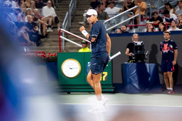 August 7, 2026, Montreal, Pq, Canada: Learner Tien from the United StatesÃ‚ celebrates during his match against Tommy Paul from the United States on day six of the National Bank Open tennis tournament in Montreal on Friday, August 7, 2026. Canada News - August 7, 2026  - ZUMAc35_ 20260807_zaf_c35_091 Copyright: xChristopherxKatsarovx