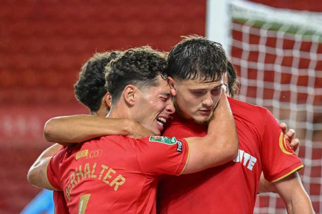 Middlesbrough v Wrexham - Carabao Cup First Round Will Lankshear of Middlesbrough celebrates with teammates after scoring the opening goal during the Carabao Cup 1st Round match between Middlesbrough and Wrexham at the Riverside Stadium in Middlesbrough, United Kingdom. Middlesbrough North Yorkshire United Kingdom  Copyright: xMIxNewsx originalFilename:fletcher-middlesb260807_np2c5.jpg