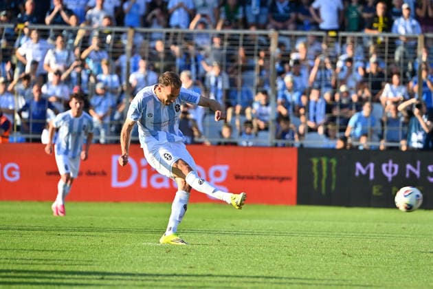 Goal by Michael EBERWEIN of 1860 Munich, making it 1–0 on a penalty kick, action,shot, soccer, Bavarian Regional League, 2026–2027 season, Matchday 26–27, Game 3: TSV 1860 Munich vs. FC Augsburg II on August 7, 2026, at Grünwalder Stadion in Munich