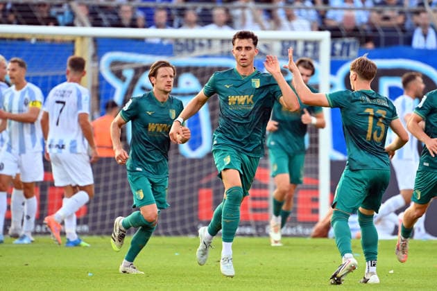 Goal celebration by Thomas KASTANARAS A after scoring the 2-1 goal; cheering, joy,Excitement, Action: Bavarian Regional League Soccer, 2026–2027 Season, Matchday 26–27, Game 3: TSV 1860 Munich vs. FC Augsburg II on August 7, 2026, at the Grünwalder Stadion in Munich