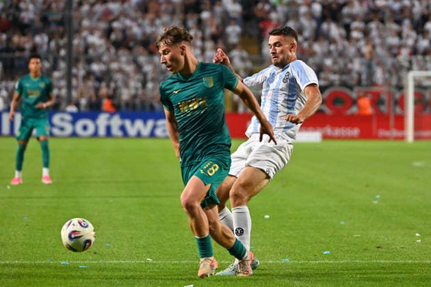 Raphael WACH, TSV 1860 Munich, Action, Tackle against Jonas RUF A, Bavarian Regional Soccer League, 2026–2027 Season,Matchday 26–27, Game 3: TSV 1860 Munich vs. FC Augsburg II (2–2) on August 7, 2026, at Grünwalder Stadion in Munich