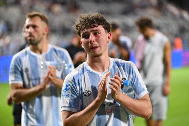 Lance FIEDLER, TSV 1860 Munich, Disappointment, frustration, disappointed, frustrated, dejected, after the game, action, single frame, cropped close-up, half-length portrait, half-figure, soccer, Bavarian Regional League, 2026–2027 season,Matchday 26–27, Game 3: TSV 1860 Munich vs. FC Augsburg II, 2–2 on August 7, 2026, at Grünwalder Stadion in Munich