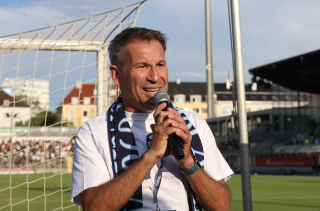 Soccer, Men s, Bavarian Regional League, 2026–2027 Season, TSV 1860 Munich vs. FC Augsburg II, Grünwalder Stadium: Gernot Mang, President of TSV 1860 Munich, addresses the Ultras in the West Stand before the game