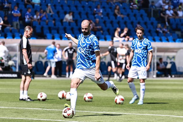 August 8, 2026, xtvx, Soccer 2. Bundesliga, SV Darmstadt 98 vs. Holstein Kiel: Aleksandar Vukotic of SV Darmstadt 98 warms up; takes a shot on goal during warm-ups. DFL and DFB regulations prohibit any use of photographs as image sequences and or quasi-video. Darmstadt