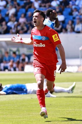 August 8, 2026, xtvx, Soccer 2. Bundesliga, SV Darmstadt 98 vs. Holstein Kiel – Goal scored, goal making it 0–1 by Guillermo Balzi, Holstein Kiel goal celebration, Goal celebration, celebrating the goal, celebrates scoring. DFL and DFB regulations prohibit any use of photographs as image sequences and or quasi-video. Darmstadt