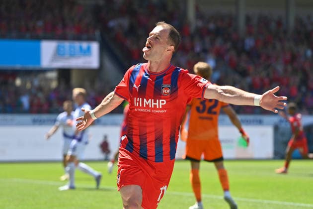 Goal celebration: Budu ZIVZIVADZE, Heidenheim; celebration, joy, excitement; action; single frame; cropped single subject; half-length portrait; soccer; 2. Bundesliga; 2026–2027 season, Matchday 1, Matchday 01: 1. FC Heidenheim vs. VfL Osnabrück on August 8, 2026, VOITH ARENA