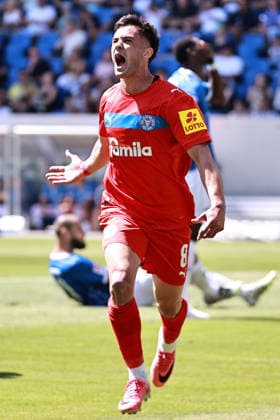 August 8, 2026, xtvx, Soccer 2. Bundesliga, SV Darmstadt 98 vs. Holstein Kiel – Goal scored, goal making it 0–1 by Guillermo Balzi, Holstein Kiel goal celebration, Goal celebration, celebrating the goal, celebrates scoring. DFL and DFB regulations prohibit any use of photographs as image sequences and or quasi-video. Darmstadt