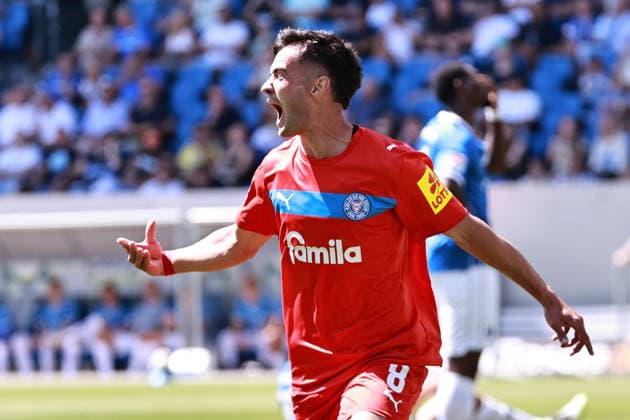 August 8, 2026, xtvx, Soccer 2. Bundesliga, SV Darmstadt 98 vs. Holstein Kiel – Goal scored, goal making it 0–1 by Guillermo Balzi, Holstein Kiel goal celebration, Goal celebration, celebrating the goal, celebrates scoring. DFL and DFB regulations prohibit any use of photographs as image sequences and or quasi-video. Darmstadt