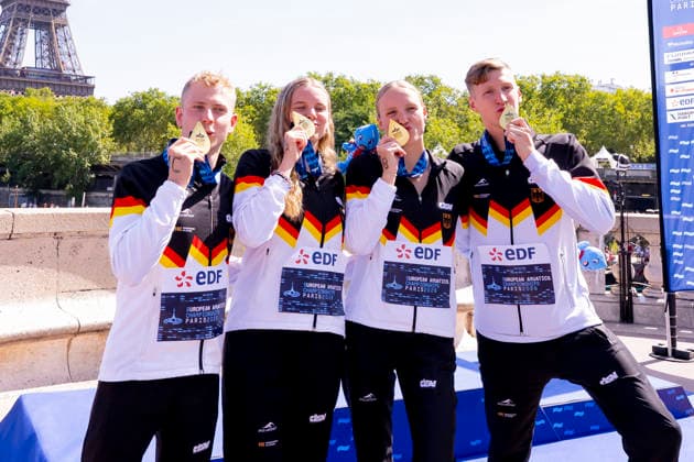 France, Paris, Centre Aquatique Olympique Metropole du Grand Paris, August 8, 2026, European Aquatics Championships – Artistic Swimming, Day 9, Mixed Relay, Oliver Klemet, Julia Ackermann, Isabel Gose, and Florian Wellbrock of Germany, Photo by Eibner Pressefoto Tino Henschel European Aquatics Championships – Artistic Swimming, Day 9, Mixed Relay, Paris Copyright: xEibnerxPressefotox