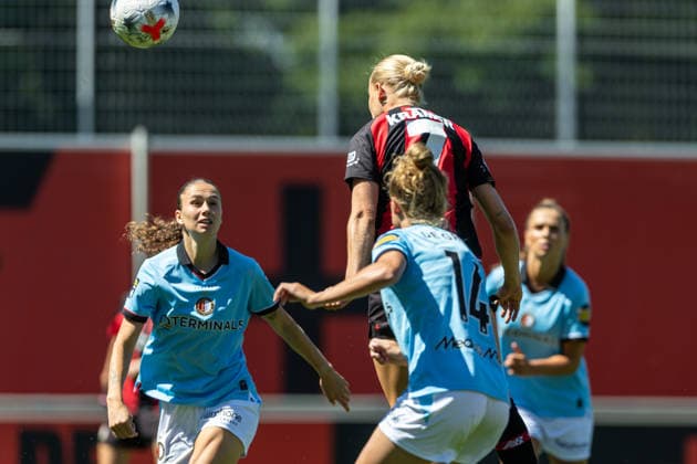 Cornelia Kramer of Bayer 04 Leverkusen scores the 1-0 goal during the friendly match between Bayer 04 Leverkusen Women and Feyenoord Rotterdam Women at Ulrich Haberland Stadium on August 8, 2026, in Leverkusen, Germany. Photo by Mario Hommes, DeFodi Images. Cornelia Kramer of Bayer 04 Leverkusen scores her team’s first goal during the preseason friendly match between Bayer 04 Leverkusen Women and Feyenoord Rotterdam Women at Ulrich Haberland Stadium on August 8, 2026 in Leverkusen, Germany. Photo by Mario Hommes, DeFodi Images