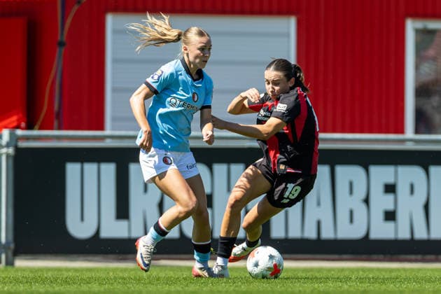 Noelle van der Sluijs of Feyenoord Rotterdam and Loren Bender of Bayer 04 Leverkusen battle for the ball during the preseason friendly match between the Bayer 04 Leverkusen Women and the Feyenoord Rotterdam Women at Ulrich Haberland Stadium on August 8, 2026, in Leverkusen, Germany. Photo by Mario Hommes, DeFodi Images. Noelle van der Sluijs of Feyenoord Rotterdam and Loren Bender of Bayer 04 Leverkusen battle for the ball during the preseason friendly match between Bayer 04 Leverkusen Women and Feyenoord Rotterdam Women at Ulrich Haberland Stadium on August 8, 2026 in Leverkusen, Germany. Photo by Mario Hommes, DeFodi Images