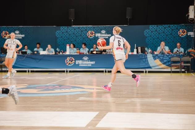 Noemi Schonauer 6 of Germany drives toward the basket with the ball during the FIBA U18 Women s EuroBasket in Stockholm. Another German player can be seen in the background. Noemi Schonauer 6 of Germany with the ball on a fast break Copyright: xJoelxKruehlerx