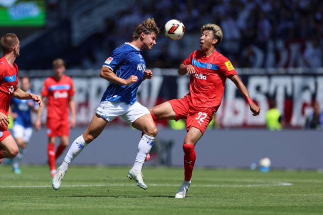 August 8, 2026, Soccer, 2. Bundesliga, SV Darmstadt 98 vs. Holstein Kiel, from left: Fynn Lakenmacher (SV Darmstadt 98), Hiroki Sekine (Holstein Kiel). DFL and DFB regulations prohibit any use of photographs as image sequences and or quasi-video. xdcx Copyright: HMBxMedia Claus