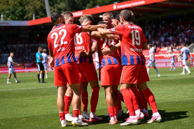 Soccer, 2. Bundesliga, 20260808, 1 FC Heidenheim vs. VfL Osnabrück. Pictured: Goal 2, 1. Heidenheim celebrates a goal at the Voith Arena in Baden-Württemberg, Germany Copyright: Passion2Press MarkusxFischerx