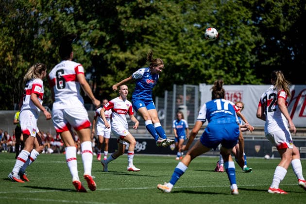 August 8, 2026, GER, Soccer, Women, Friendly, 2026–2027 Season, VfB Stuttgart vs. TSG 1899 Hoffenheim: Jonna van de Velde of Hoffenheim, 25, scores the 1-1 equalizer with a header at Stuttgart’s Robert Schlienz Stadium in Baden-Württemberg, Germany Copyright: xNordphoto Memmlerx
