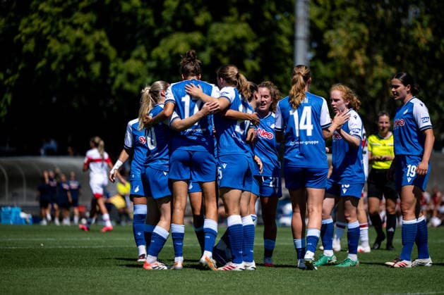 August 8, 2026, GER, Soccer, Women, Friendly, 2026–2027 Season, VfB Stuttgart vs. TSG 1899 Hoffenheim: Nadine Bitzer (Hoffenheim, 30), Franziska Harsch (Hoffenheim, 17), Jonna van de Velde (Hoffenheim, 25), Lisa Doorn (Hoffenheim, 14), Milena Röder (Hoffenheim, 16), and Svenja Fölmli (Hoffenheim, 19) celebrate the goal that tied the score at 1–1 at the Robert Schlienz Stadium in Stuttgart, Baden-Württemberg, Germany Copyright: xNordphoto Memmlerx
