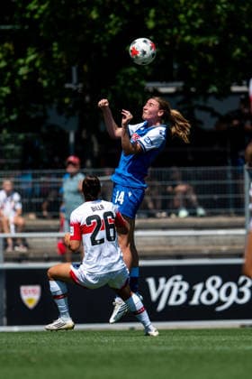 August 8, 2026, GER, Soccer, Women s, Friendly, 2026–2027 Season, VfB Stuttgart vs. TSG 1899 Hoffenheim: Lisa Doorn (Hoffenheim, 14) in a tackle with Nicole Billa (VfB Stuttgart, 26), Stuttgart, Robert Schlienz Stadium, Baden-Württemberg, Germany Copyright: xNordphoto Memmlerx