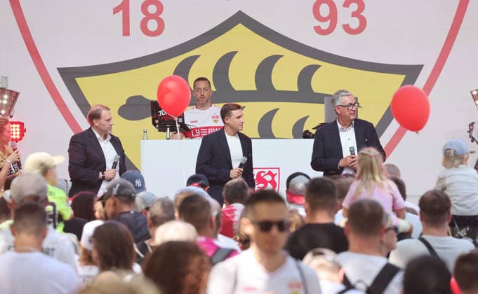 Stuttgart, VfB Stuttgart Season Opener, Executive Committee on stage, from left: Stefan Jung, Andreas Grupp, Dietmar Allgaier