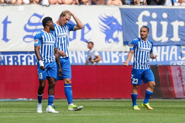 August 8, 2026, xgox, Soccer 2. Bundesliga 1 FC Magdeburg vs. Eintracht Braunschweig emspor, from left: Moritz Broni Kwarteng (Magdeburg), 10, Luka Hyrylainen (Magdeburg), 38, Baris Atik, Magdeburg, 23, looks disappointed, looks dejected, looks downcast, disappointed. DFL and DFB regulations prohibit any use of photographs as image sequences and or quasi-video. Magdeburg