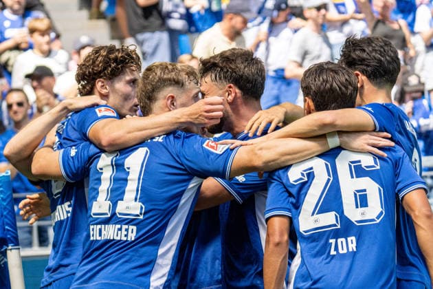 August 8, 2026, xdaymx, Soccer 2. Bundesliga, Karlsruher SC vs. Arminia Bielefeld—Goal celebration by goal scorer Broschinski, Moritz on the 1–0 opening goal together with the team. DFL and DFB regulations prohibit any use of photographs as image sequences and or quasi-video. Karlsruhe
