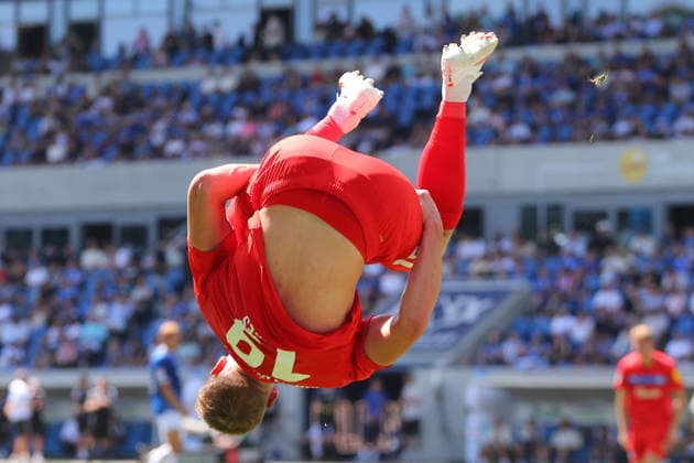 August 8, 2026, xtvx, Soccer 2. Bundesliga, SV Darmstadt 98 vs. Holstein Kiel – Goal scored, goal making it 0–2 by Phil Harres, Holstein Kiel goal celebration, Goal celebration, celebrating the goal, celebrating the score. DFL and DFB regulations prohibit any use of photographs as image sequences and or quasi-video. Darmstadt