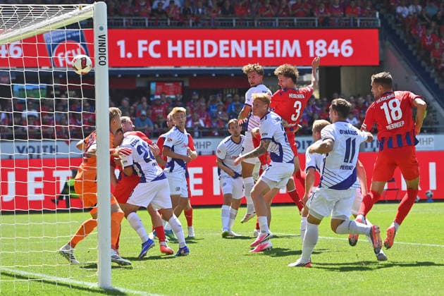 Goal, header by Jan SCHOEPPNER (Heidenheim), 3–3, 2–3, play, header, penalty area action, soccer, 2. Bundesliga, 2026–2027 season, Matchday 1, Matchday 01: 1. FC Heidenheim vs. VfL Osnabrück on August 8, 2026, VOITH ARENA