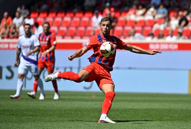Shot on Goal, Goal-Scoring Opportunity, Marvin Pieringer, 1 FC Heidenheim 1846 (FCH) 1, 1 FC Heidenheim 1846 (FCH) vs. VfL Osnabrück, August 8, 2026. DFL regulations prohibit any use of photographs AS IMAGE SEQUENCES AND OR QUASI-VIDEO 1 FC Heidenheim 1846 FCH vs. VfL Osnabrück