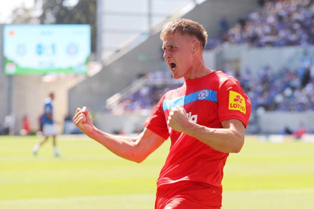 August 8, 2026, xtvx, Soccer 2. Bundesliga, SV Darmstadt 98 vs. Holstein Kiel – Goal scored, goal making it 0–2 by Phil Harres, Holstein Kiel goal celebration, Goal celebration, celebrating the goal, celebrating the score. DFL and DFB regulations prohibit any use of photographs as image sequences and or quasi-video. Darmstadt
