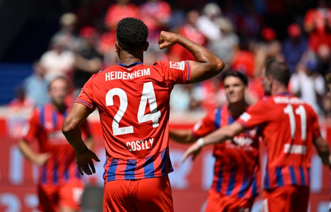GOAL: 2-1 Marcel Costly 1 FC Heidenheim 1846 (FCH) 24 Goal celebration Gesture 1 FC Heidenheim 1846 (FCH) vs. VfL Osnabrück August 8, 2026 DFL regulations prohibit any use OF PHOTOGRAPHS AS IMAGE SEQUENCES AND OR QUASI-VIDEO 1 FC Heidenheim 1846 FCH vs. VfL Osnabrück